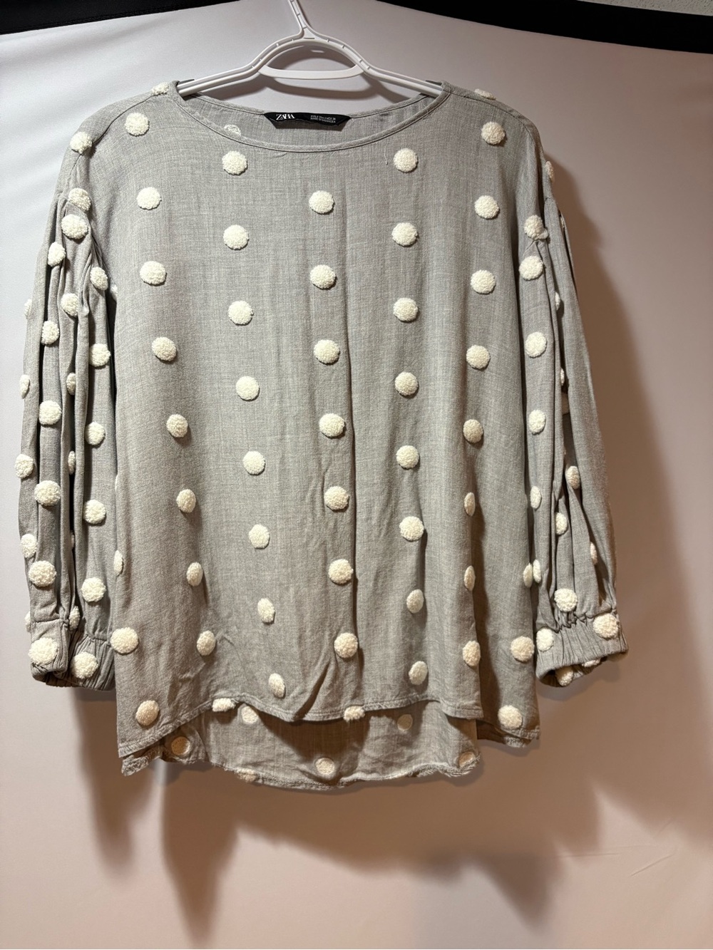 Zara Light Gray Long Sleeve Top with Cream Pom-Poms